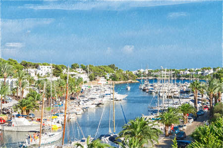 Cala D'Or yacht harbor with recreational boats. Mallorca, Spain. Digital illustration in draw, sketch style.の写真素材