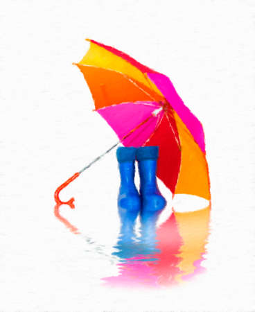 rubber boots and a colorful umbrella with reflection. Oil painting effect.の写真素材