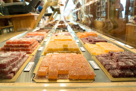 Munich, Germany - August 6, 2016: Showcase of sweets in the Alois Dallmayr. Coffee and Food Store located near Marienplatz in Munich.のeditorial素材