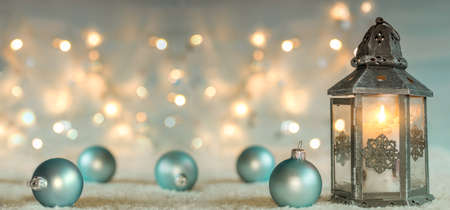 Christmas background with lantern and balls. Panoramic imageの写真素材