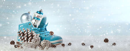 Christmas background with boots and Christmas decorations. Panoramic imageの写真素材