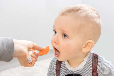 Little boy eating tangerineの写真素材
