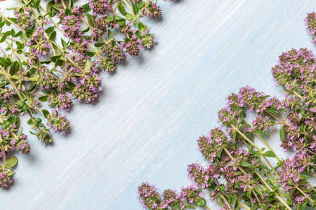 flowering oregano on a wooden table. Place for textの写真素材