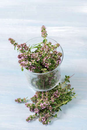 flowering oregano in a glass on a wooden table