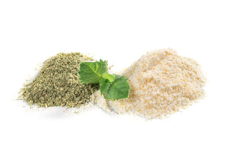 Ingredients for the preparation of Ayurvedic powder ubtan. Dry sage and oat flour.の写真素材