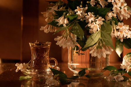 Still Life with Spring Flowers in the Setting Sunの写真素材