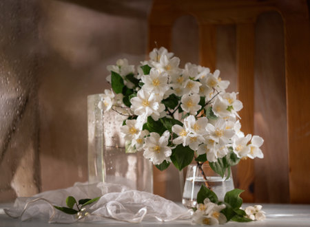 Still Life with Jasmine in a Dark Keyの写真素材