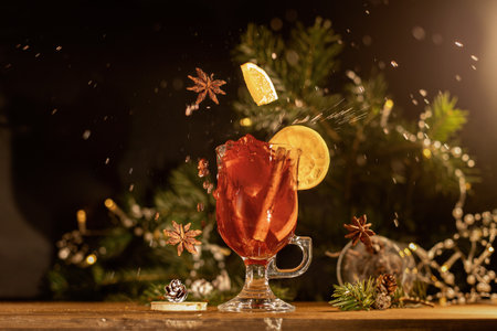 Gluhwein with orange in a Christmas atmosphereの写真素材