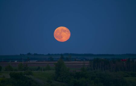 afull moon in orange close to the horizon in the dark blue sky, with the rural background in a dark green blend of grass and treesの写真素材