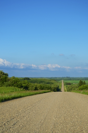 Straight Gravel road in the country side going down the hill on a bright sunny dayの写真素材