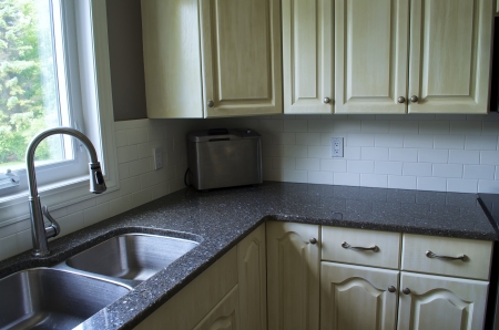 Kitchen Area showing the sink, tap, cupboards, and quartz countertop.の写真素材