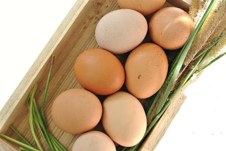 Top view of Eggs in wooden box and grass on white background