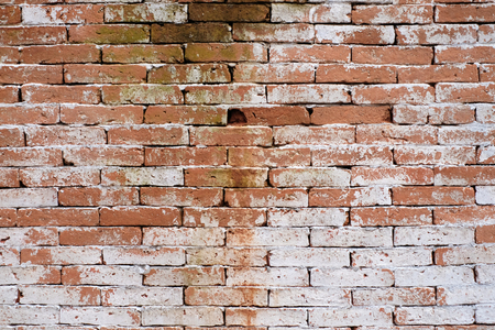 Background of old vintage brick wall with peeling white, texture.の写真素材
