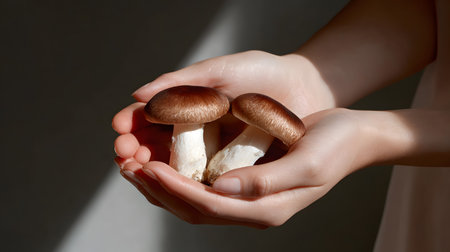Shiitake mushroom in the hands of a girl on a light backgroundの素材
