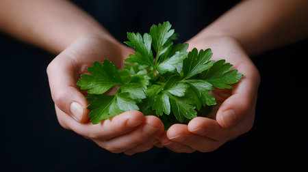 Woman hands holding fresh green parsley over black background, closeupの素材