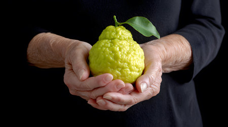 Close up of senior woman's hands holding bergamot fruitの素材