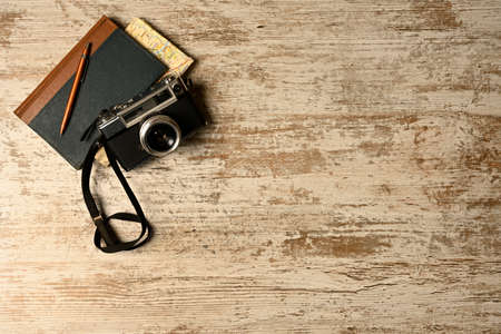 Ready vacation, with retro camera, holiday concept, place for text, top viewの写真素材