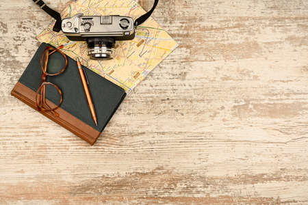 Ready vacation, with retro camera, holiday concept, place for text, top viewの写真素材