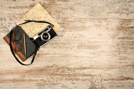 Ready vacation, with retro camera, holiday concept, place for text, top viewの写真素材