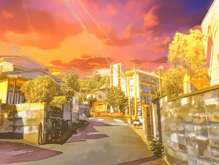 Suburban residential area in the eveningの写真素材