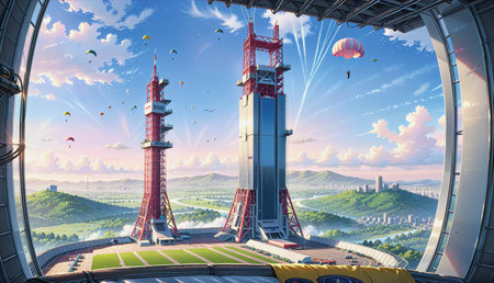 "High-rise tower and paraglider"の素材