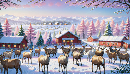 "Village with Snowy Deer"の素材