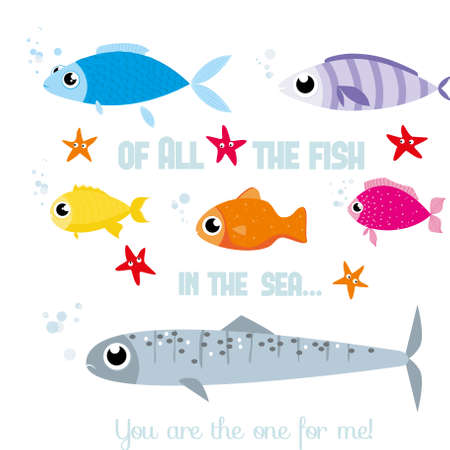 Cute colorful fish romantic greeting cardのイラスト素材