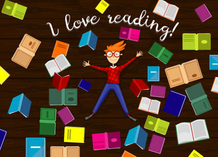 Boy lying on wooden floor with books. I love reading vector illustration.のイラスト素材