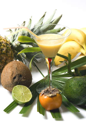 Tropical fruit wiht a glass of juiceの写真素材