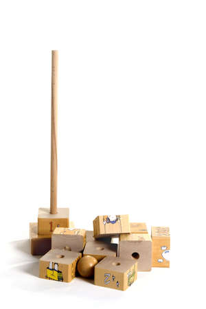 a wooden puzzle with numbers, isolated on whiteの写真素材