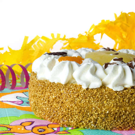 a round birthday pie with decorationの写真素材