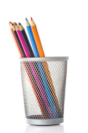 a can with colorful pencils, on whiteの写真素材