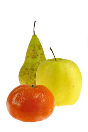an apple, a pear and a mandarinの写真素材