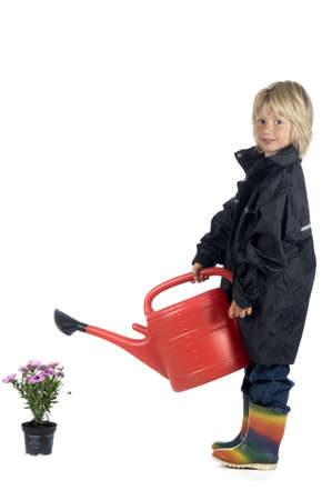 a boy is giving the plants some waterの写真素材