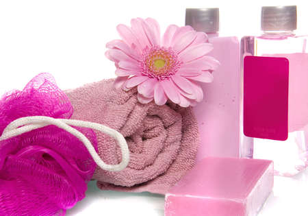 a towel, a sponge, soap and shampooの写真素材