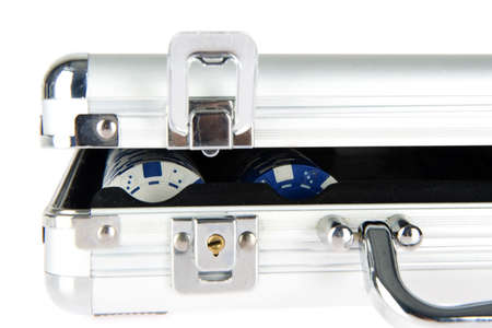 an aluminium poker suitcase on whiteの写真素材
