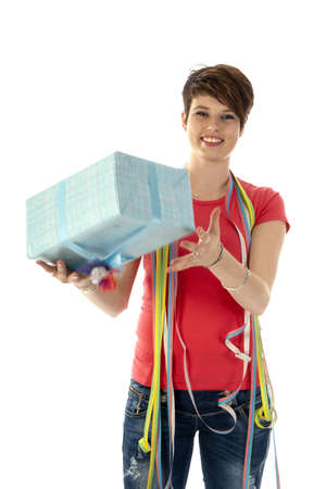 She is getting a present on her birthdayの写真素材