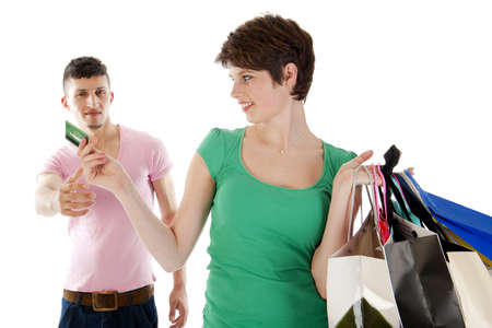 a couple with shopping bags on a white backgroundの写真素材