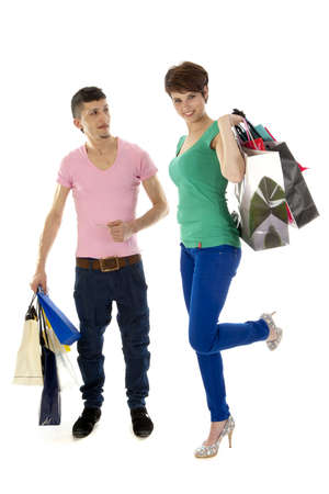 a couple with shopping bags on a white backgroundの写真素材