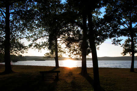 a beautiful sunset at the lakeの写真素材