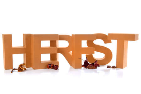 Letters make the dutch word Fall, with a lot of Autumn productsの写真素材
