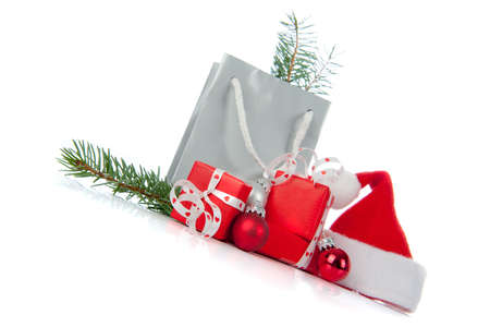 Christmas presents in Red and Silver on a white backgroundの写真素材