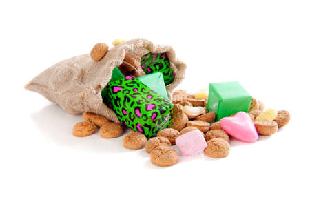 A jute bag with gingernuts, for celebrating the dutch holiday " sinterklaas " on the fifth of Decemberの写真素材
