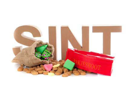 A present boat with pepernoten, for celebrating a dutch holiday " Sinterklaas "  on the fifth of Decemberの写真素材