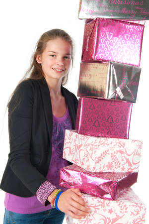 a girl, dressed to party, with a lot of presentsの写真素材