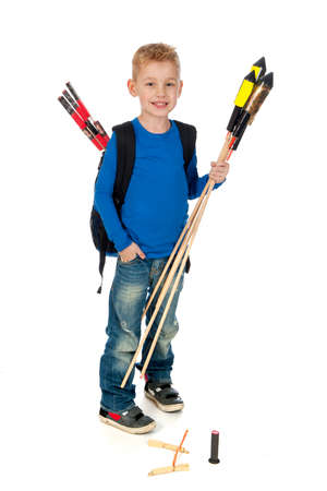 A boy who's to little with firework witch is too big on a white backgroundの写真素材