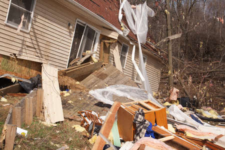 LAPEER COUNTY, MI - MARCH 16  A home heavily damaged by an F2 tornado that swept through Oregon Twp in Lapeer County, MI on March 15, 2012  The house was lifted from its foundation のeditorial素材