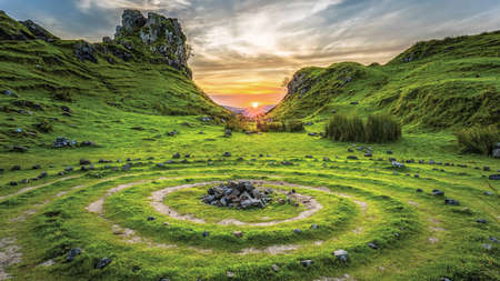 A mistyc place with lots of circles made from stones