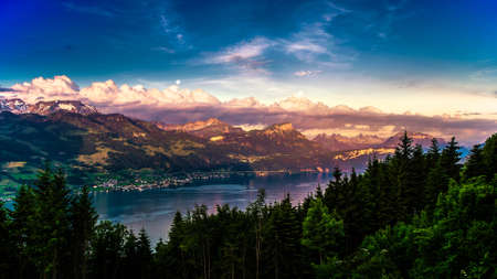 Lake town hills cloudyの写真素材