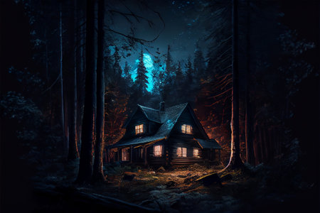 Scary cabin in the woods scene ai generatedの写真素材